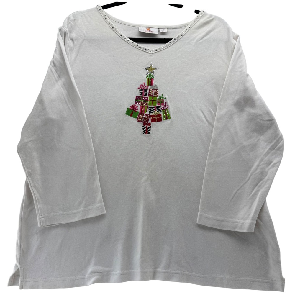 Quacker‎ Factory Women's XL White Christmas Tree Rhinestone Embellished Top